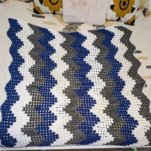 Chevron Crochet Afghan Blanket in Blue White & Grey
